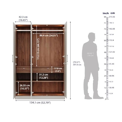 Image of Wakefit Wardrobe for Bedroom | 3 Yr Warranty | Cupboard for Bedroom, Almirah, Wooden Wardrobe, Comes with LED light, Storage Drawer, Mirror & Hanger, Density:680-750kg /m, Free Installation(Tyrian-CB)