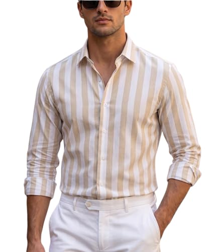 Image of IndoPrimo Men's Striped Cotton Shirt | Slim Fit Stylish Casual Shirt for Man | Full Sleeve Summer Wear Vertical Stripe Shirt for Office, Vacation