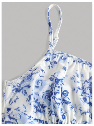 Floerns Girl's Floral Print Spaghetti Strap Bodycon Dress Mesh Ruched Cami Mini Dress4