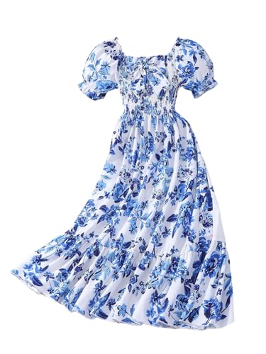 Verdusa Tween Girl's Boho Floral Puff Short Sleeve Dress Bow Knot A Line Ruffle Midi Dresses