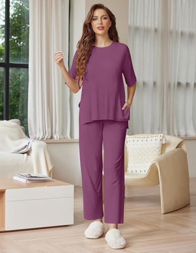 Image of Ekouaer Lounge Sets for Women Short Sleeve Tops and Long Pants Soft Comfy Pajamas Set 2 Piece Outfits