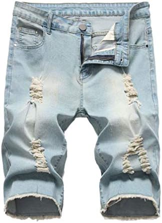 DOINLINE Men's Distressed Jean Shorts Casual Ripped Summer Denim Short Pants with Pockets Light Blue 36
