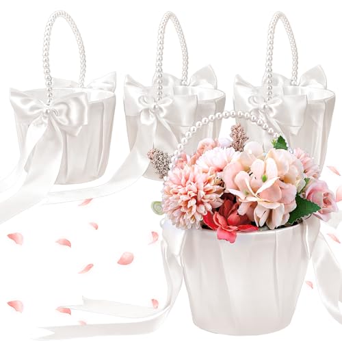 Set of 4 Ivory Wedding Flower Girl Basket with Pearl