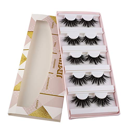 JIMIRE 25MM False Eyelashes 5D Dramatic Volume Faux Mink Eyelashes Fluffy Lashes Pack with Portable Eyelash Boxes 5 Pairs (5D-51)