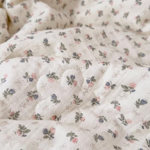 Image of BuLuTu Pink Bellflower Print Muslin Cotton Quilted Blanket for Girls Boys Lightweight Soft Crib Blankets Toddler Comforter for Toddlers Kids Children, All Seasons, 47x59 Inches
