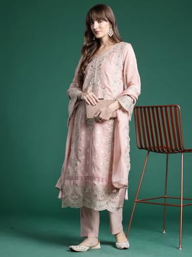 Image of INDO ERA Women's Straight Organza Ethnic Motifs Embroidered Kurta and Pant with Dupatta Set (KH9PH10614)