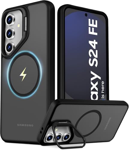 Image of DIZORO Polycarbonate Samsung Galaxy S24 FE Case Compatible with Mag Safe & Wireless Charging,with Camera Stand,Military Grade Drop Tested,Translucent Hard Back Soft Edge Back Cover(Camera Stand Black)