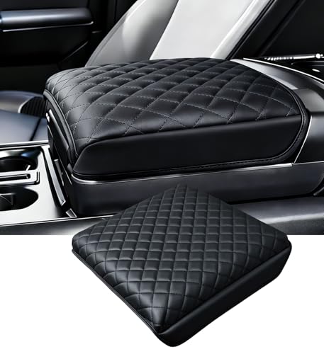 Image of Center Console Cover for Ford F150 2021-2026 & F150 Lightning 2022-2026, Fits Work Surface Console Only, 1.2-Inch Thick PU Leather Armrest Cushion Protector with 2 Side Pockets, Black