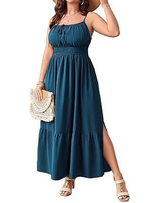 SCOMCHIC Plus Size Summer Boho Dresses Spaghetti Strap Maxi Dress Lake Blue