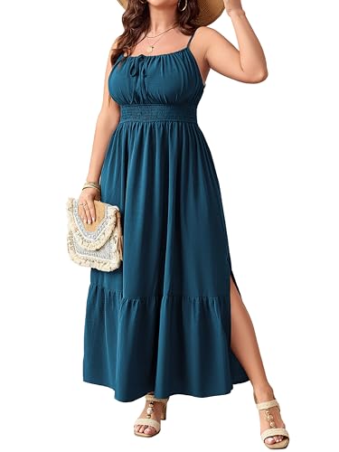 SCOMCHIC Plus Size Summer Boho Dresses Spaghetti Strap Sleeveless Casual Sundress Smocked Flowy Slit Beach Maxi Dress