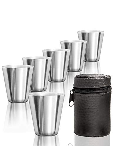 Outdoor Saxx 6er Set Edelstahl-Schnaps-Becher mit Leder-Tasche, unzerbrechlich