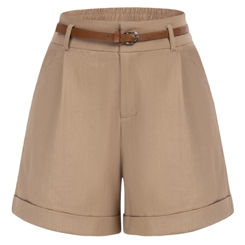 Belle Poque Damen Sommer Kurze Shorts Weite Beinhose mit Taschen Casual Sommershorts mit Gürtel Kaki XXL