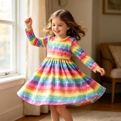 Image of Tkria Toddler Girls Rainbow Dress Striped Fall Dress Cartoon Colourful Long Sleeve Casual Dressy 2-7T