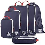 Large Compression Packing Cubes 6 Piece Set for Travel with Lightweight Laundry Bag for Carry-On Suitcase by TRIPPED Travel Gear (Navy)