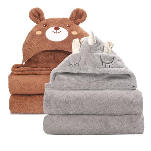 Image of WODHOY Toddler Towels for Boy 1-5,2 Pack 50" x 32" Baby Hooded Towel Boys, Ultra Thick and Soft Absorbent for Kids Cozy and Warm,Bath Essential for Newborn, Infant, Brown Bear& Gray Unicorn