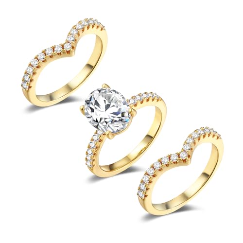 MDFUN 18K Yellow Gold Plated Promise Eternity Rings for Women, 7 * 9mm Oval Cubic Zirconia Three-in-One Ring Wedding Band Engagement Size 7.5