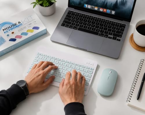 Image of Wireless Bluetooth Keyboard and Mouse Combo, Rechargeable Slim Multi-Device Keyboard with Bluetooth, Mouse with Bluetooth & 2.4G USB Receiver. (Mint Green)