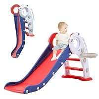 FUKEA 3 in 1 Toddler Slide, Folding Baby Slide Climbing Frame with Basketball Hoop, Indoor Outdoor Kids Garden Slides, Freestanding Slide for Toddlers Age 1-3