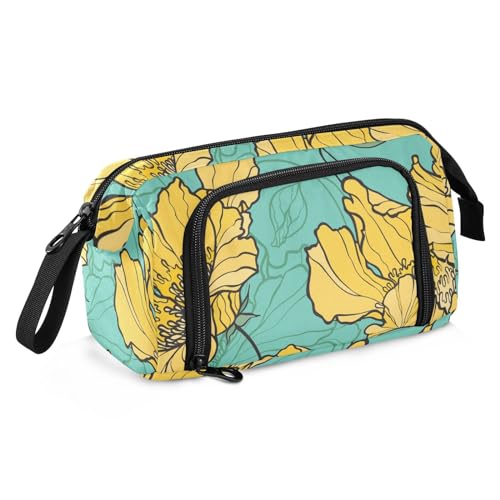 Image of Bolaz Big Capacity Pencil Pen Case Pouch Bag School College Office Organizer for Teens Girls Adults Student-Yellow Flower Pattern