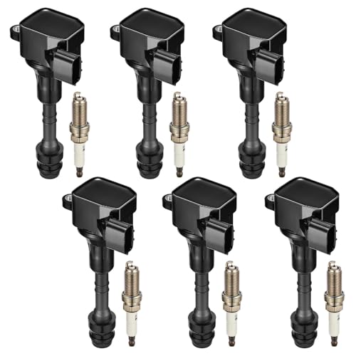 Image of Set of 6 UF401 Ignition Coil Pack and 4469 Spark Plugs Compatible with INFINITI G35 I35 M35 FX35 Compatible with Nissan 350Z Pathfinder NV1500 NV2500 NV3500 Xterra Quest Replaces 6734025