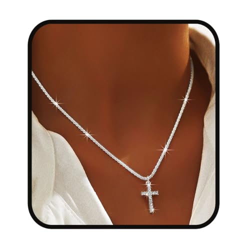Yalice 925 Sterling Silver Layered Necklace for Women Waterproof Cross Pendant Necklace Chain Dainty Silver Sparkle Crystal Fashion Choker Neck Jewelry Gifts (Single Layer-Cross)