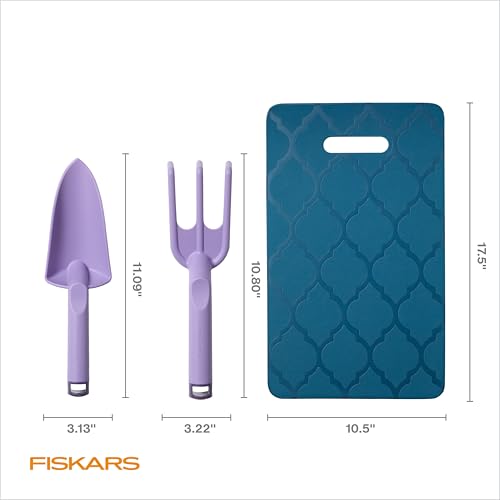 Image of Fiskars 3-Piece Gardening Set, Explore Collection Hand Tools and Kneeler, FiberComp Trowel and Cultivator, Dual Layer Knee Pad for Digging, Weeding, and Soil Aeration, Lightweight Rustproof Design