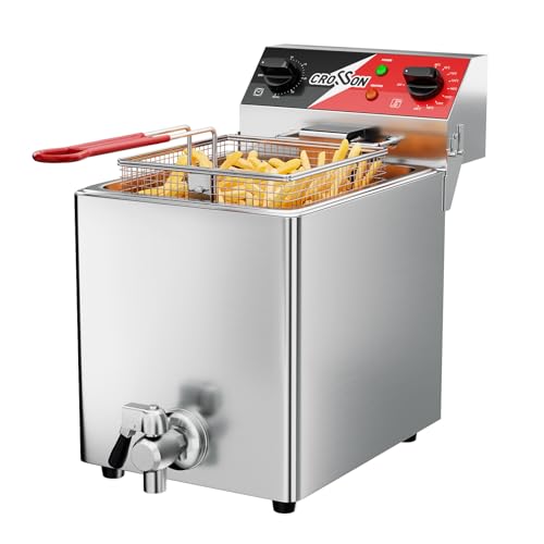 Friteuse électrique CROSSON 8L avec vidange d’huile, minuterie de 30 minutes, réservoir d’huile de formage par étirement, couvercle et panier en...