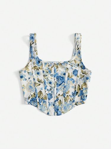 Image of mikuchiku Women's Floral Corset Tank Top, Printed, Sleeveless Crop Top