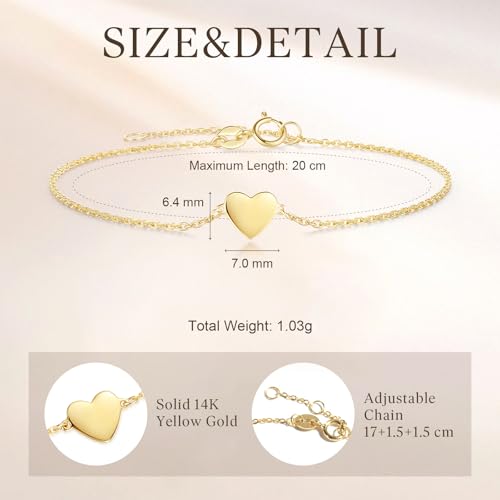FANCIME 14k Solid Yellow Gold Heart Charm Bracelet Fine Jewelry Anniversary Birthday Gifts for Women, 6.7"+ 1.2" Extender3