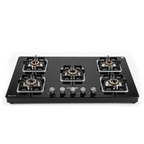 Image of Sunshine Shine 5 Burner Gas Stove | 5 Burner Glass Hob Top Cooktop | Warranty By Sunshine - 10 Year On Glass & Burner, Auto Ignition, LPG Ready & PNG Compatible (Premium - Black)