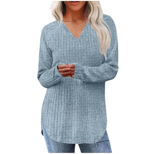Womens Fall Tops Ribbed Knit Long Sleeve V Neck Sweater Pullover Casual Curved Hem Shirts with Side Slit