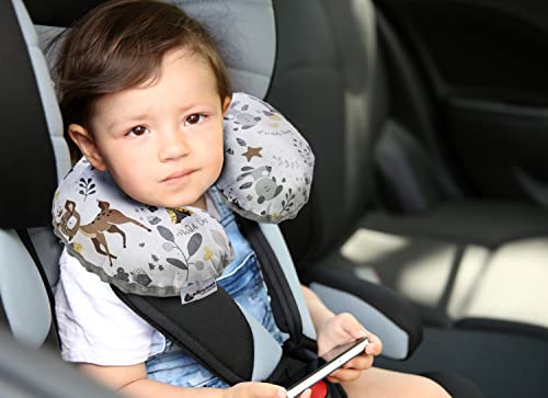 Medi Partners Nackenkissen Kinder Nackenhörnchen Auto Flugzeug Baby - 100% Baumwolle/Minky Nackenstütze Kopfstütze Kindersitz Autositz Nackenrolle Kissen (Reh mit grauem Minky)