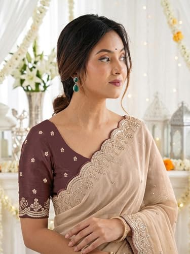 Image of SIRIL Women's Shimmer Georgette Scalloped Border Sequins Embroidery Saree with Unstitched Blouse Piece