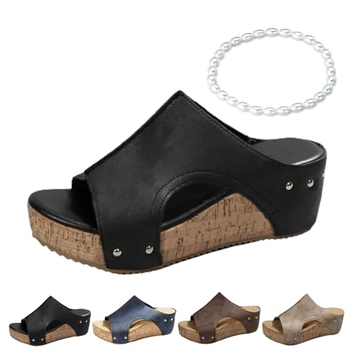 Cork Wedges & Platform Slides for Women,Women's Thick Sole Comfy Leather Wedge Non-slip Summer Sandals