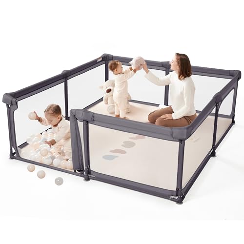 Image of Sweeby Baby Playpen, 79x71 Inch Foldable Playpens for Babies and Toddlers with Gate, Extra Large Playpen with Door Play Yard for Baby Fence Indoor and Outdoor Portable Play Pen,Deep Gray