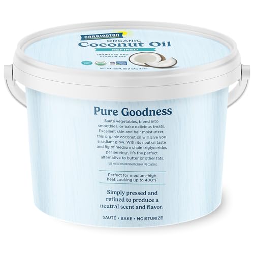 Image of Carrington Farms Organic Refined Coconut Oil, 1 Gallon, Cold-Pressed, Non-GMO, Gluten-Free, Perfect for Cooking, Baking, Skin Care, Hair Oil, MCTs, 128 fl oz - Nutrient-Rich, No Trans Fats