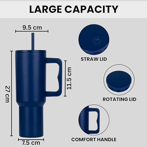 Image of Tumbler with lid and Straw 1200ML Cup Stainless Steel Vacuum Insulated Tumbler for Water, Iced Tea or Coffee 1.2L Office Gym Travelling (Navy Blue)