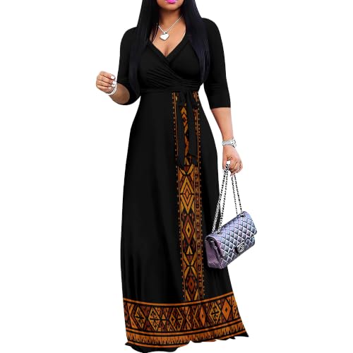 Image of Plus Size Maxi Dress for Women V Neck 3 /4 Sleeve Wrap Dress Black Aztec L | Black Aztec Geometric Women's Maxi Dress