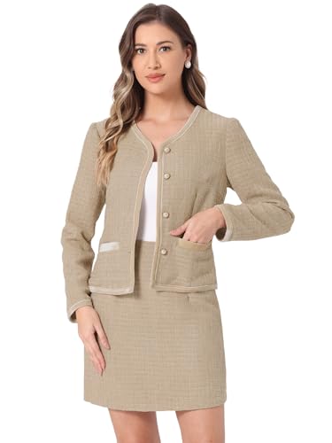 Blazer court en tweed à carreaux et jupe : ensemble costume d'affaires kaki taille XS