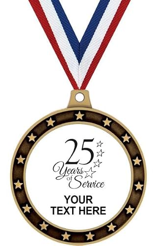 25 Years of Service Custom Text Medals 10 Pack – Years White Personalized Value Pack of 10 Gold Medal Awards