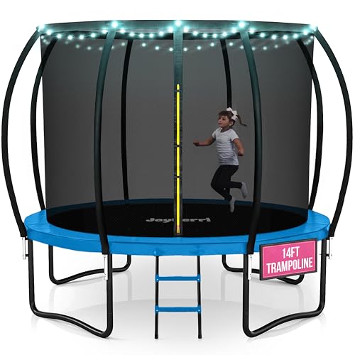 Image of JoyBerri Upsurge Trampoline Outdoor - ASTM Certified Safe 8Ft 10Ft 12Ft 14Ft 15Ft 16Ft Recreational Trampoline for Kids and Adults. Anti-Rust Coating with Enclosure Net, Ladder, Sprinkler & LED Lights