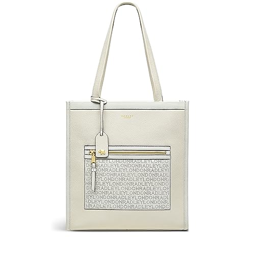 RADLEY London Alba Place Medium Ziptop Tote Handbag for Women in Chalk Grained Leather, with Shoulder Straps & Monogrammed Zip-fastened Front Pocket