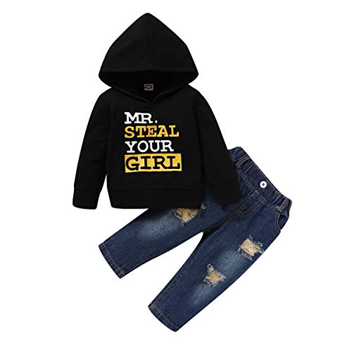 Toddler Baby Boy Mr Steal Your Girl Hoodie Tops Ripped Jeans Outfit Suit Clothes Black