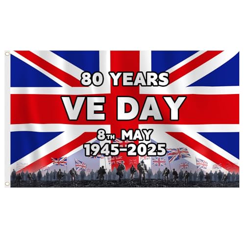 VE Day 80th Anniversary UK Flag, 5'x3' (150x90cm) World War II Anniversary for Indoor/Outdoor, Vivid Color and UV Fade Resistant with Brass Grommets