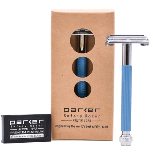 Parker 29L Blue, Long Handle Butterfly Open Double Edge Safety Razor