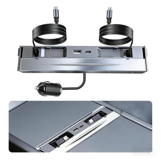 LALUNTE 130W USB Hub for Tesla Model 3 Highland 2024 2026 Model Y Juniper 2025 2026, 65W+45W Dual Type-C Retractable Cables 4 in 1 Multi Port Fast Charger Docking