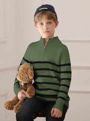 Haloumoning Boys Striped Quarter Zip Sweater Kids Fashion Long Sleeve Knit Pullover Sweaters Tops 5-14 Years4