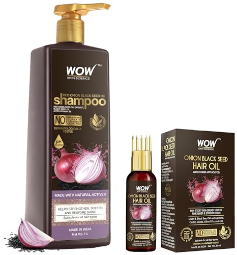 WOW Skin Science Onion Black Seed Hair Oil 50 ml & Onion Oil Shampoo 1 Litre With Red Onion Seed Oil Extract 50 ml