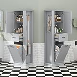 Merax Tall Cabinet Linen Tower with Door and Drawer, Multi-Functional Bathroom Storage Organizer with Laundry Hamper, Left or Right Orientation, Soft-Closing Door, Gray