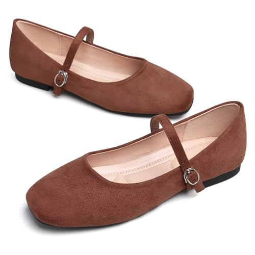 Image of TN TANGNEST Leather Flats for Women Retro Mary Jane Flats | Comfortable Square Toe Slip On Flats with Buckle Strap, Soft Work Flats Office Shoes